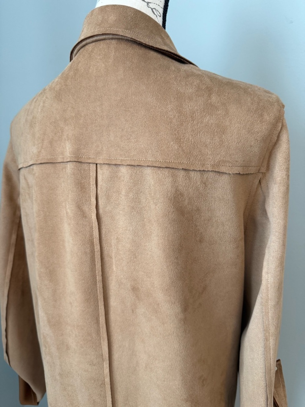 Tahari Faux Suede Trench Coat Tan Open Front Duster Jacket Minimalist Chic - Picture 5 of 7